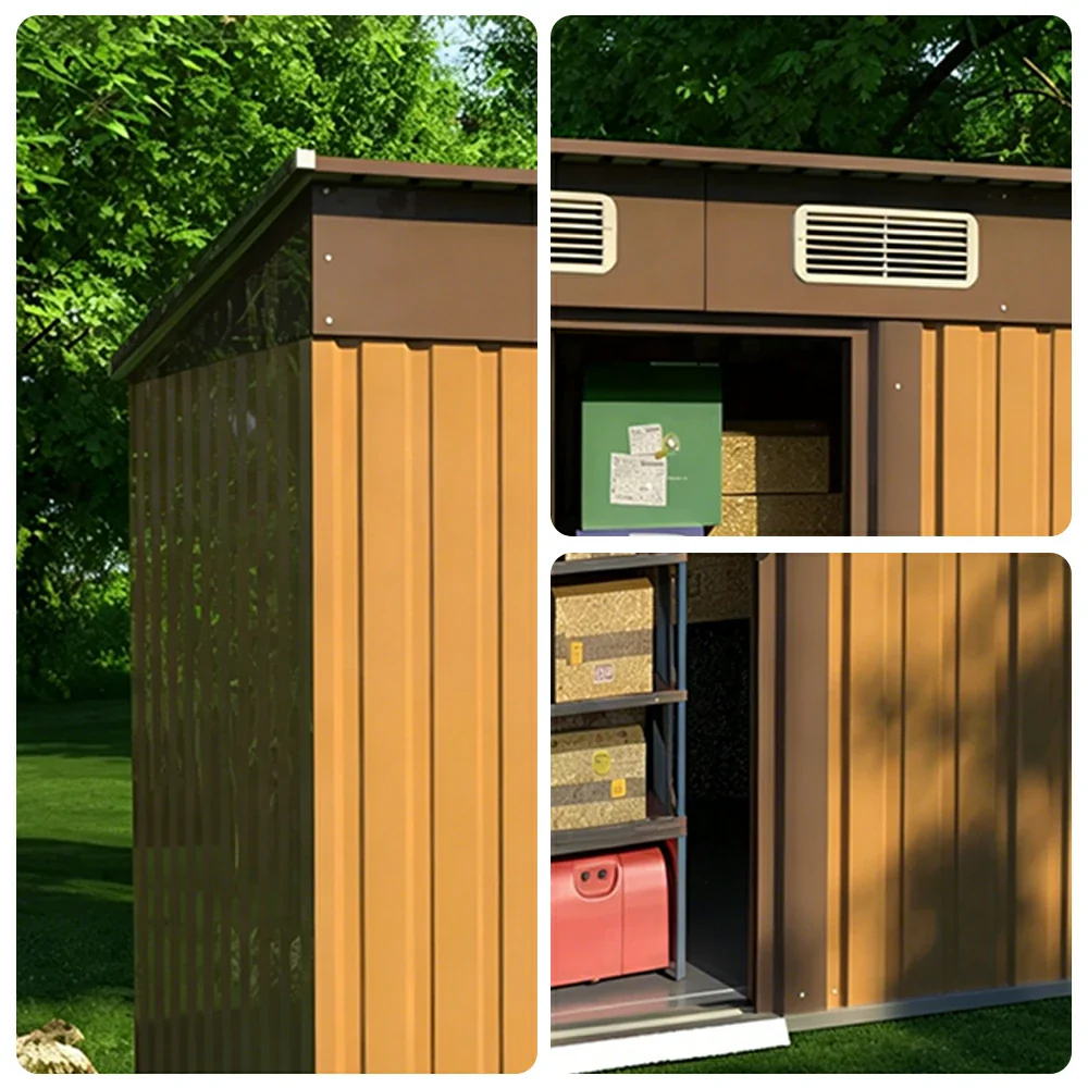 SOLARA Yard Storage Shed Sloped Roof High Strength Steel Sliding Door Secure for Tools Bicycles - Brown - Image 3