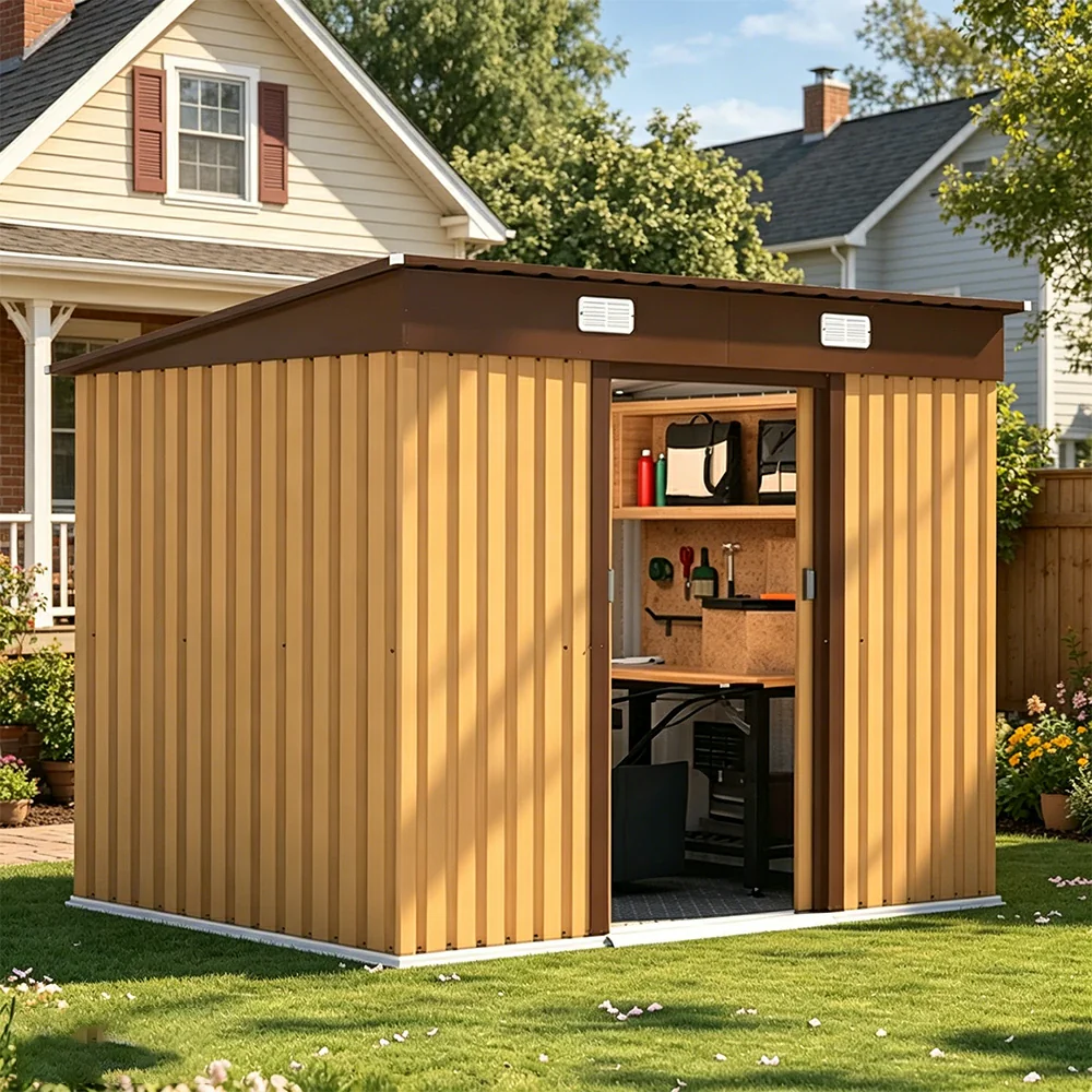 SOLARA Garden Storage Shed Sloped Roof Rust Resistant Ventilated Multi Purpose Outdoor Organizer - Yellow - Image 4