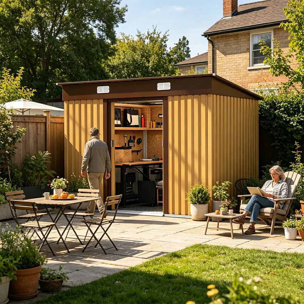 SOLARA Garden Storage Shed Sloped Roof Rust Resistant Ventilated Multi Purpose Outdoor Organizer - Yellow - Image 6