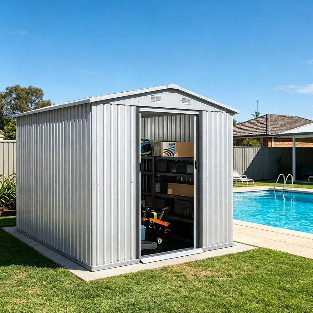 SOLARA Yard Storage Shed Apex Roof High Strength Steel Sliding Door Secure for Tools Bicycles - White - Image 4