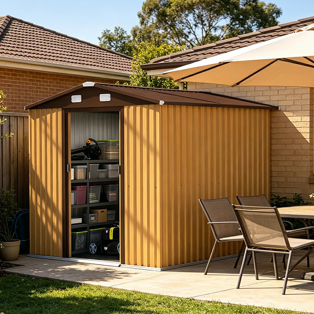 SOLARA Yard Storage Shed Apex Roof High Strength Steel Sliding Door Secure for Tools Bicycles - Yellow - Image 4