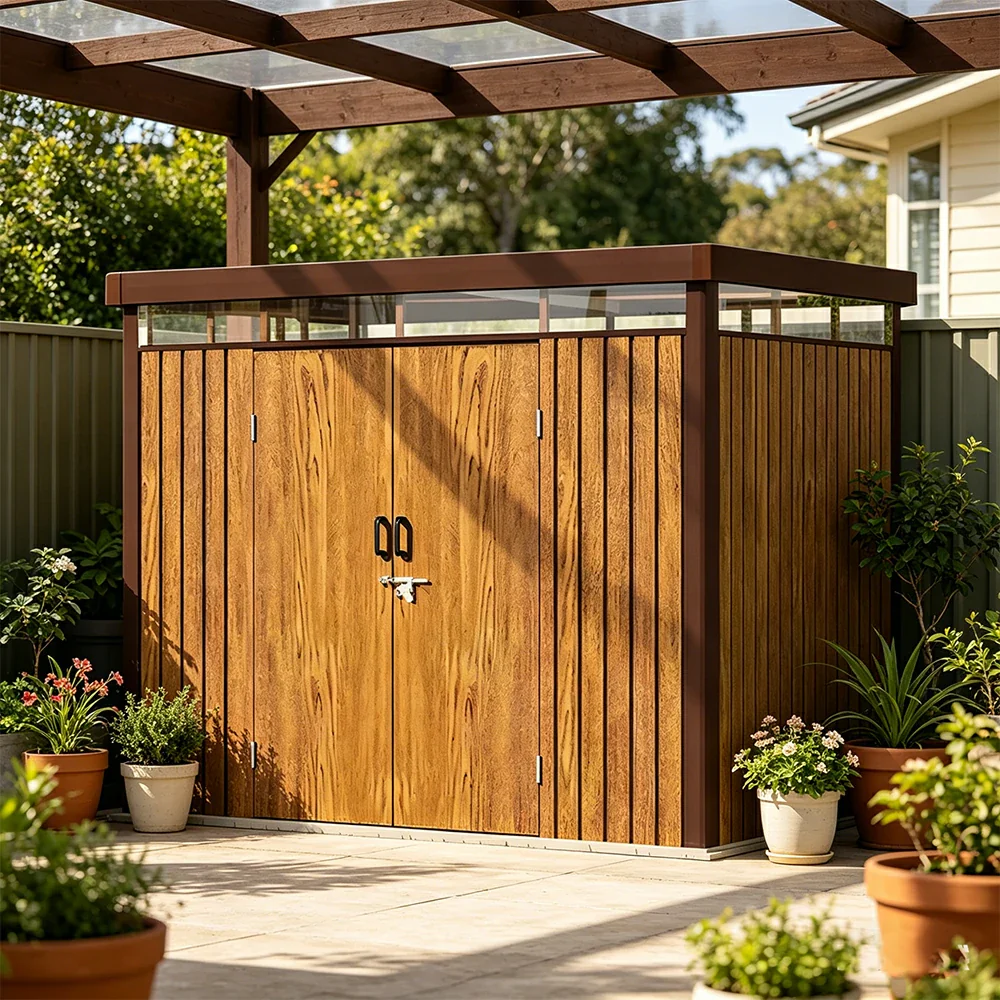 SOLARA Garden Storage Shed Matte Steel Sloped Roof Drainage Light Transmitting Weatherproof for Backyard Patio - Brown - Image 2