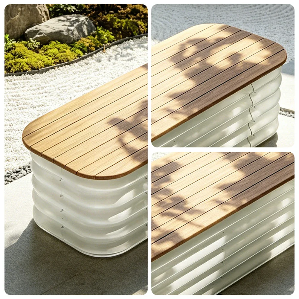 SOLARA Modular Raised Garden Bed with WPC Seat Cover Water Storage Outdoor Planter Box 120x40x43cm for Balcony Patio - White - Image 3