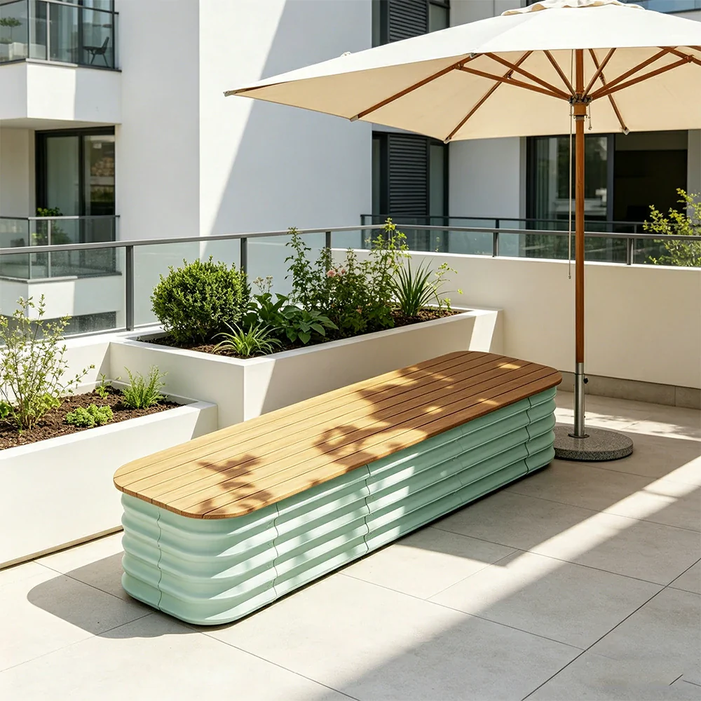 SOLARA Modular Raised Garden Bed with WPC Seat Cover Water Storage Outdoor Planter Box 160x40x43cm for Balcony Patio - Green - Image 4