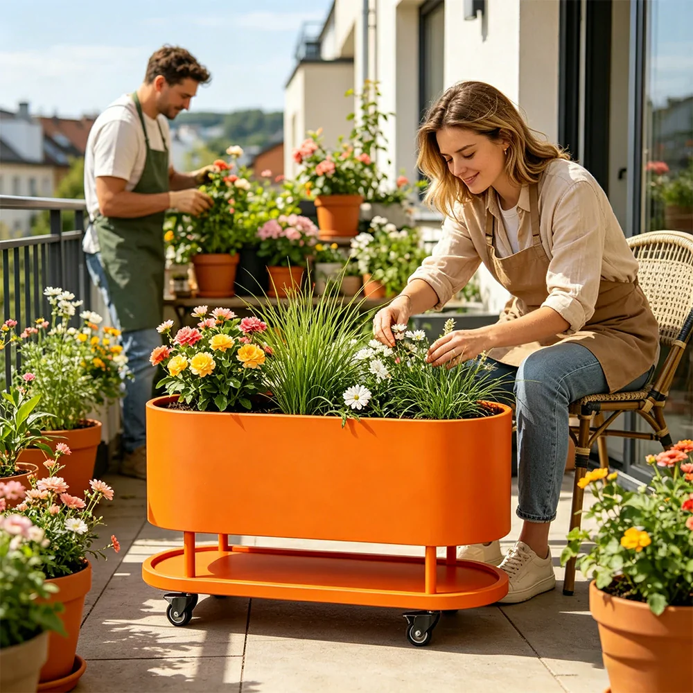 SOLARA Mobile Planter Box with Stainless Steel Frame Leak-Proof Rolling Garden Bed 80/100/120cm for Indoor Outdoor - Orange - Image 6