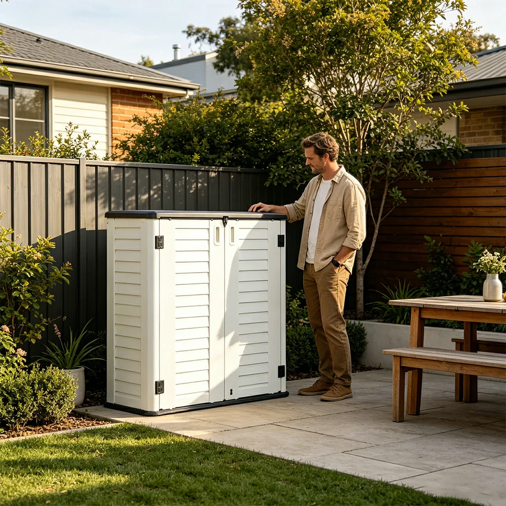 SOLARA Outdoor Storage Cabinet - Weatherproof Lockable Single Tier Garden Patio Tool Storage - White - Image 6