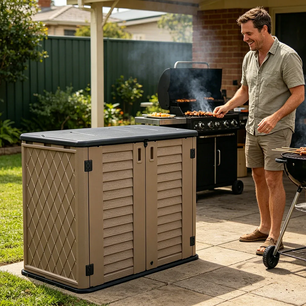 SOLARA Outdoor Storage Cabinet - Weatherproof Lockable Single Tier Garden Patio Tool Storage - Brown - Image 6