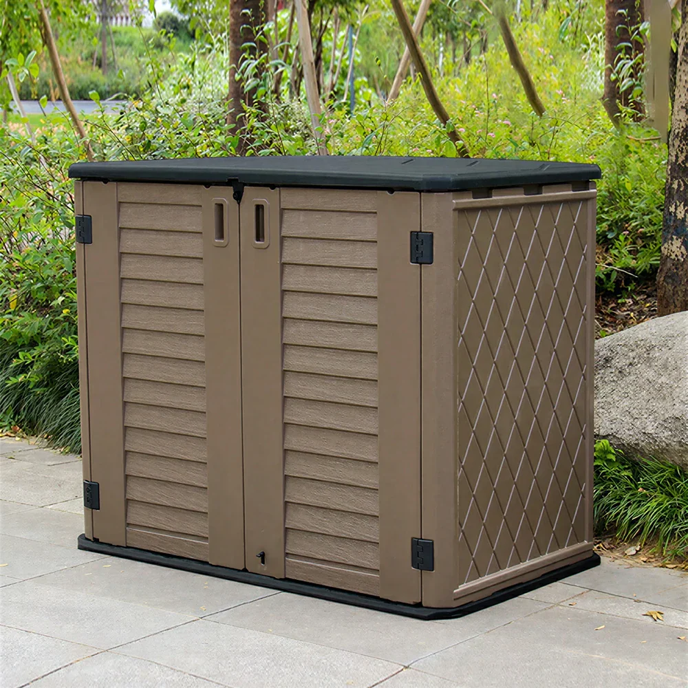 SOLARA Outdoor Storage Cabinet - Weatherproof Lockable Single Tier Garden Patio Shelf Storage - Brown - Image 2