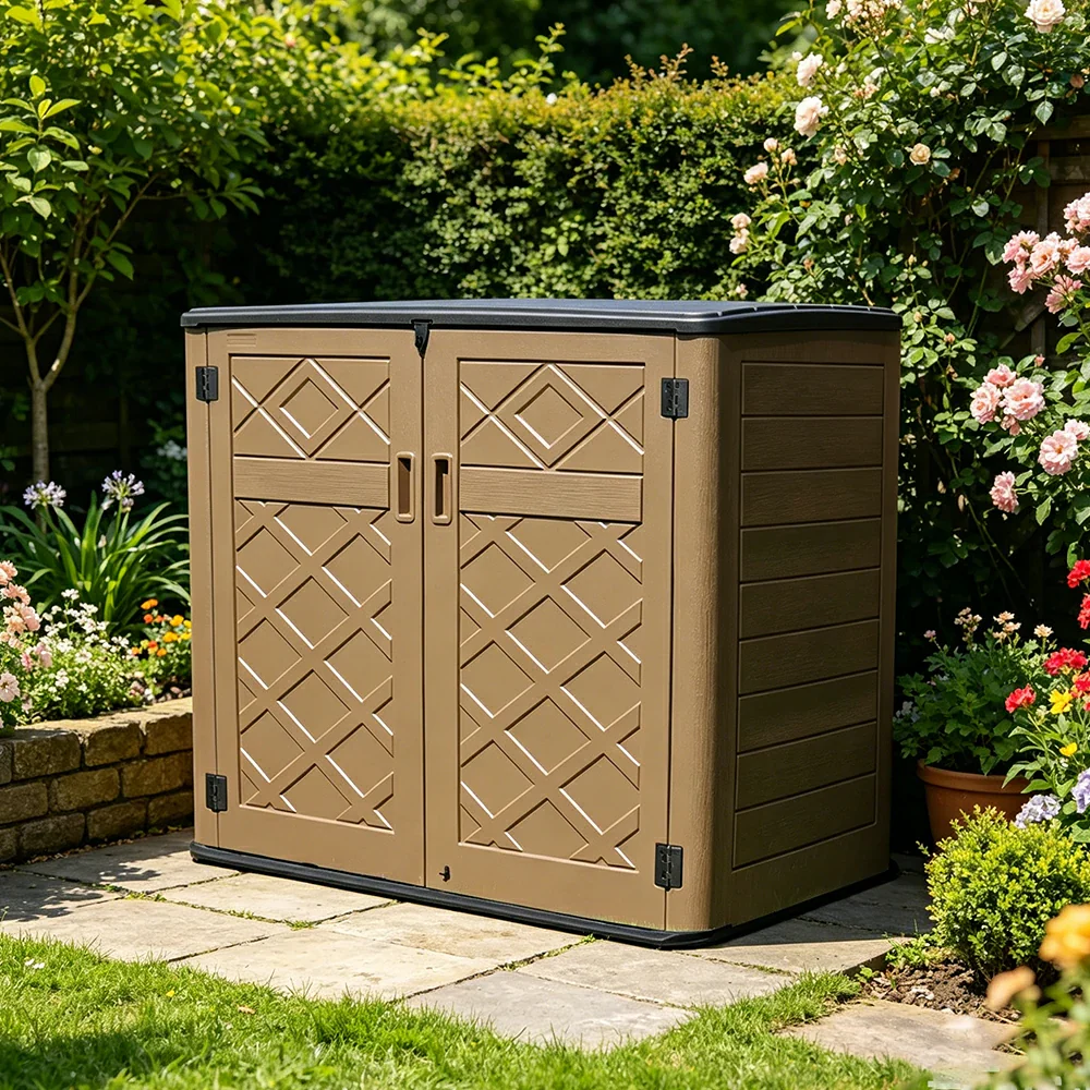 SOLARA Outdoor Storage Cabinet - Weatherproof Lockable Large Garden Patio Tool Storage - Brown - Image 2