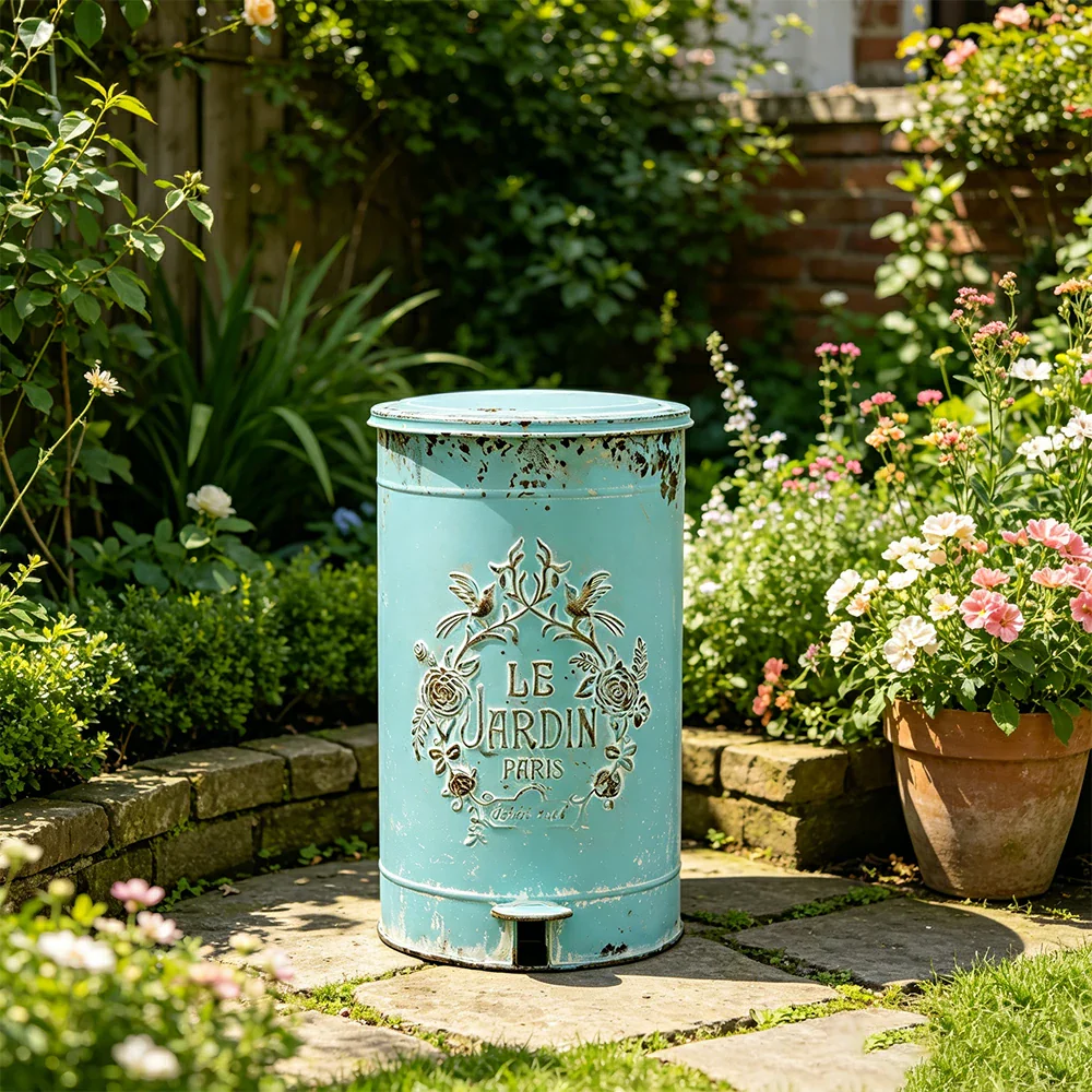 SOLARA 17L Vintage Iron Rubbish Bin - Soft Close Wide Opening Outdoor Waste Bin for Garden Backyard - Blue - Image 4