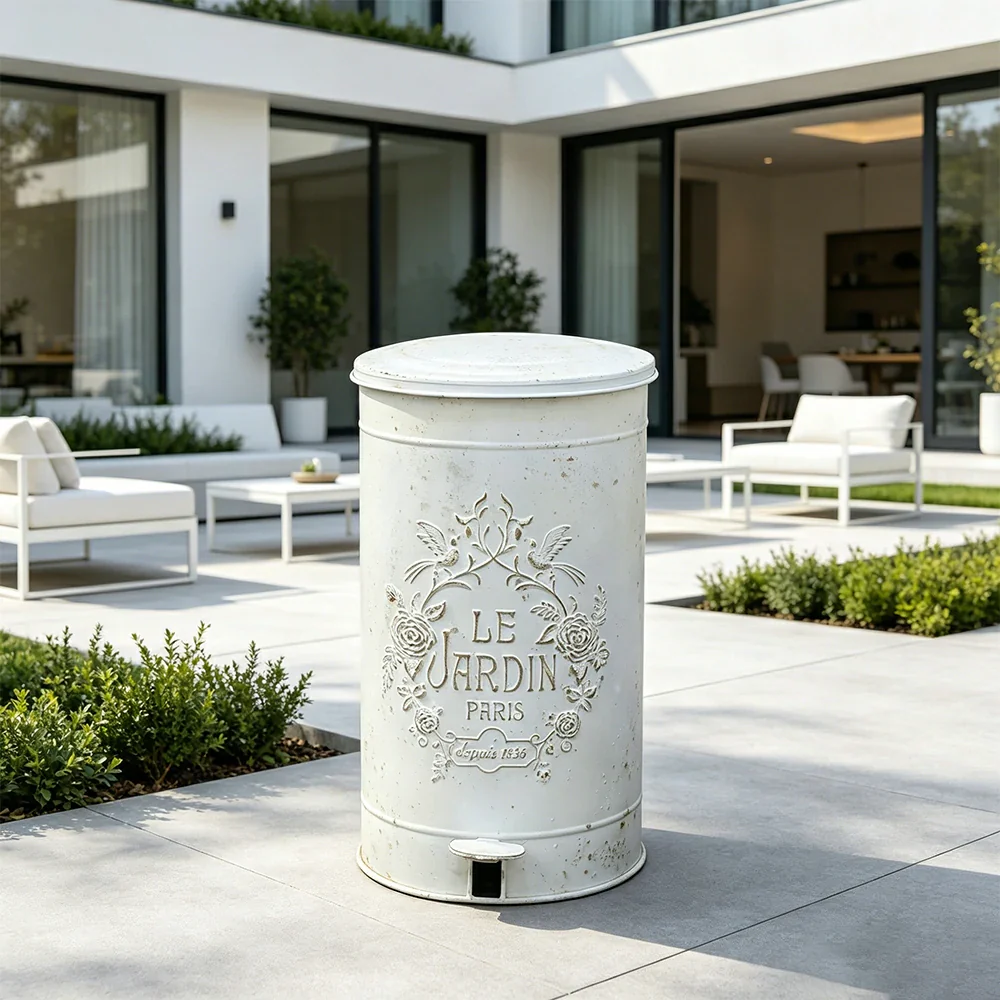 SOLARA 17L Vintage Iron Rubbish Bin - Soft Close Wide Opening Outdoor Waste Bin for Garden Backyard - White & Gold - Image 4