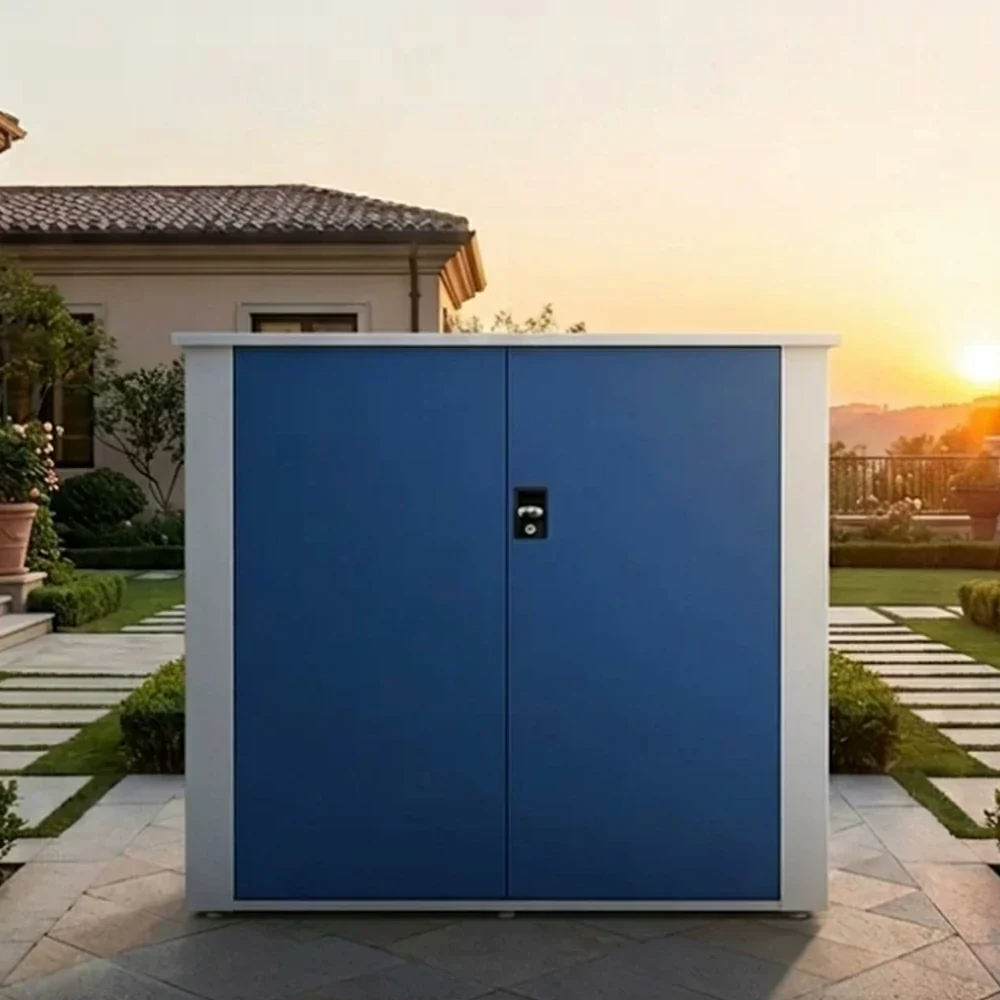 SOLARA Single Door Outdoor Storage Cabinet - Weather Resistant Wide Opening Utility Cabinet for Garden Balcony - White & Blue - Image 4