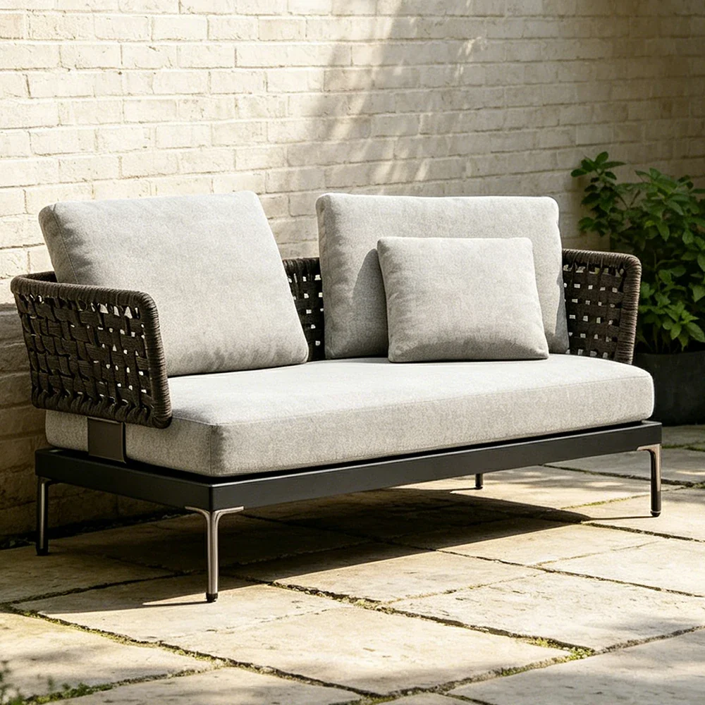 SOLARA Outdoor Rope Sofa Olefin Weave Water Repellent Cushion Two-Arm Two-Seater for Garden Patio - Image 4