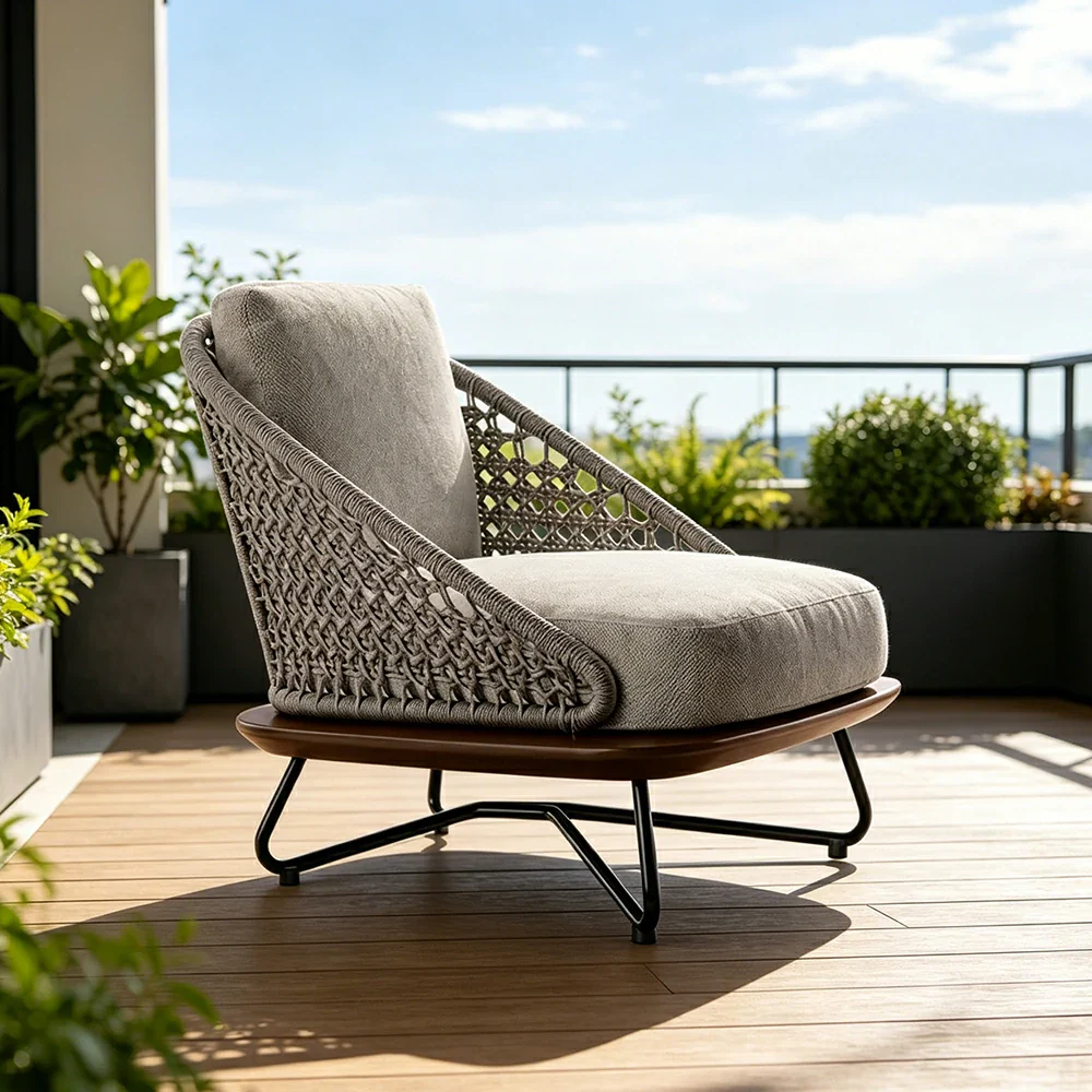 SOLARA Outdoor Single Lounge Chair with Borneo Teak Wood Frame - Water Repellent Cushions for Garden Balcony Patio - Grey - Image 4