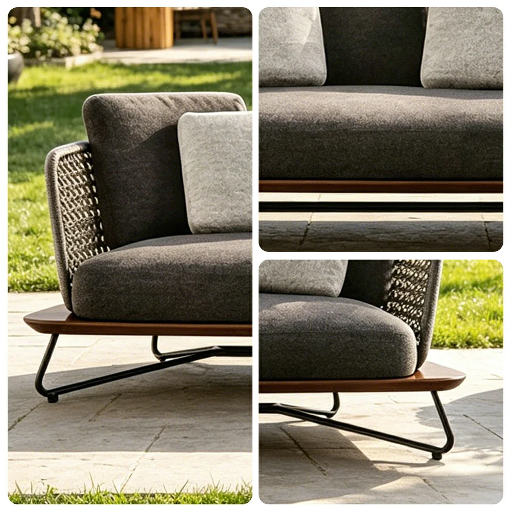 SOLARA Outdoor 3 Seater Sofa with Borneo Teak Wood Frame - Water Repellent Cushions for Garden Balcony Patio - Grey - Image 3