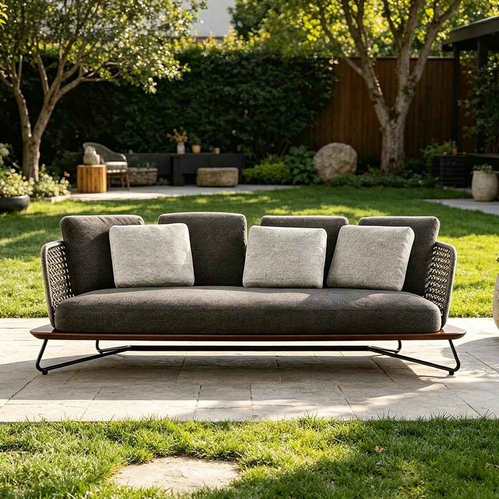 SOLARA Outdoor 3 Seater Sofa with Borneo Teak Wood Frame - Water Repellent Cushions for Garden Balcony Patio - Grey - Image 5