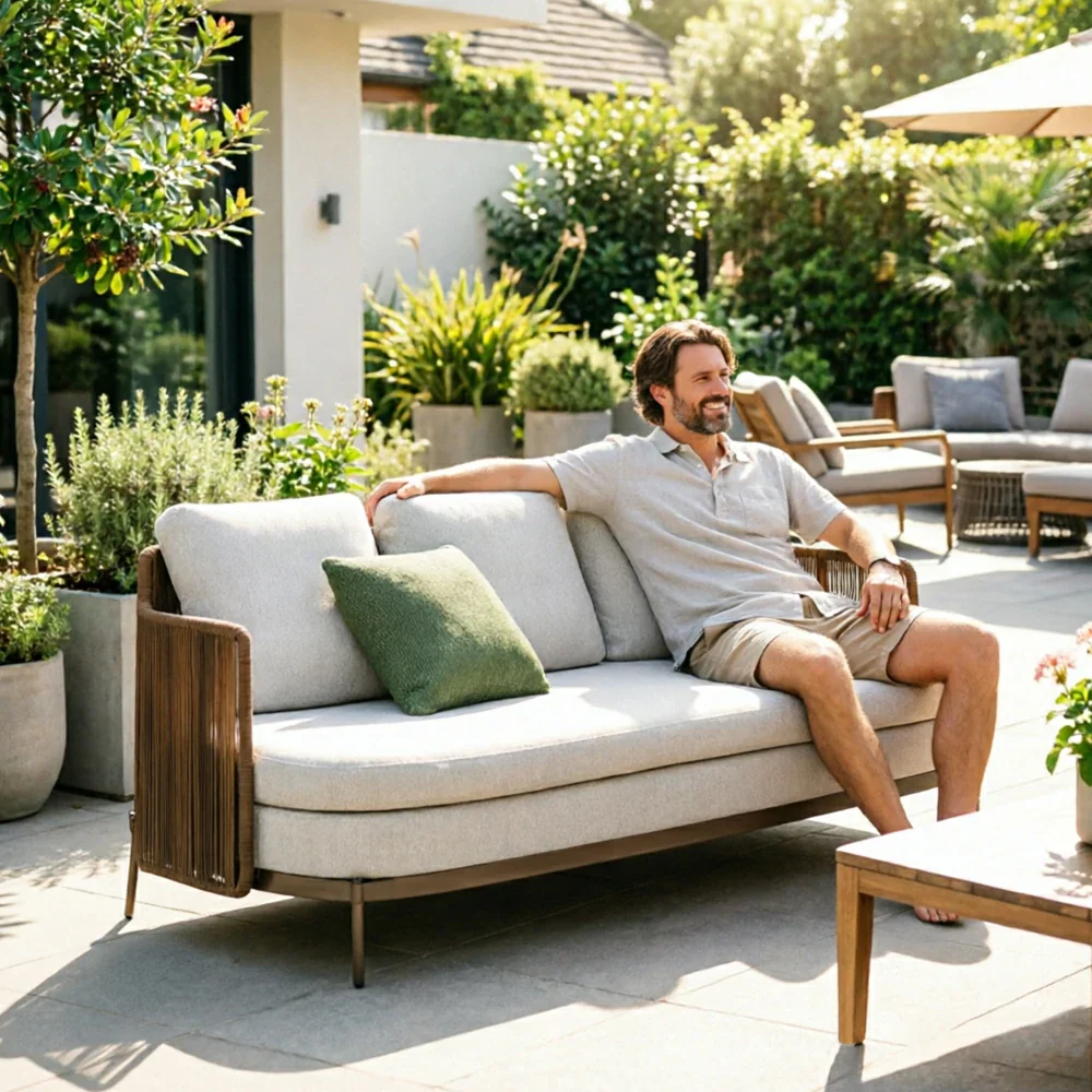 SOLARA Outdoor 3 Seater Sofa with Armrests - Water Repellent Sun Resistant Cushions for Garden Balcony Patio - Grey - Image 6