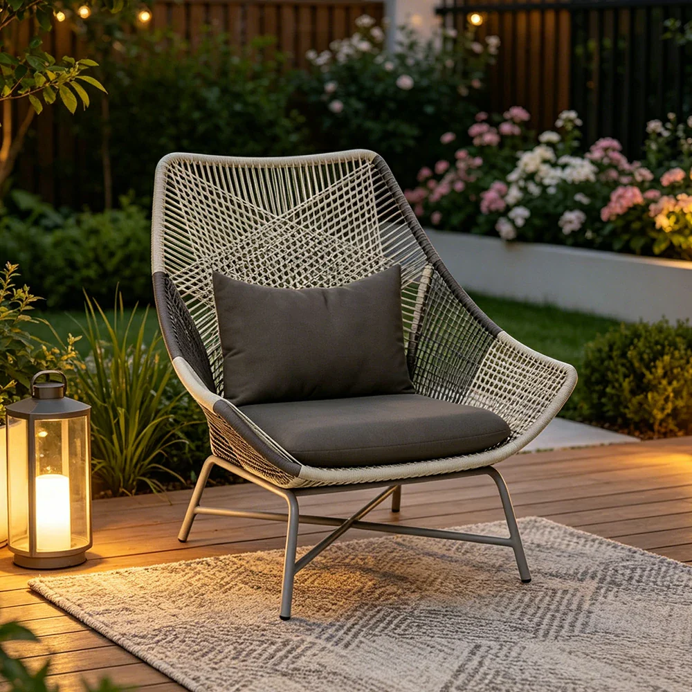 SOLARA Outdoor Rope Lounge Chair with Reinforced Aluminium Frame - 75cm Patio Balcony Garden Chair - Grey - Image 2