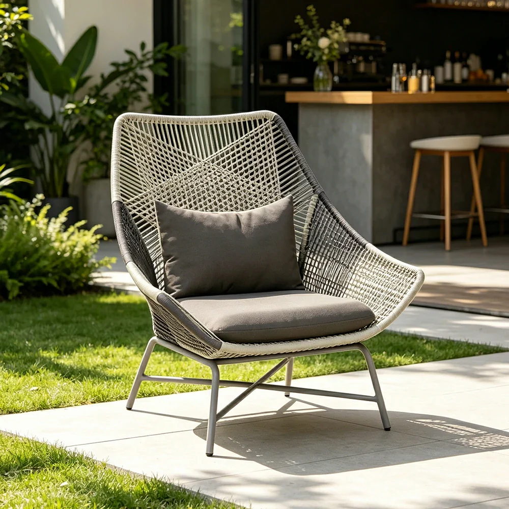 SOLARA Outdoor Rope Lounge Chair with Reinforced Aluminium Frame - 75cm Patio Balcony Garden Chair - Grey - Image 5