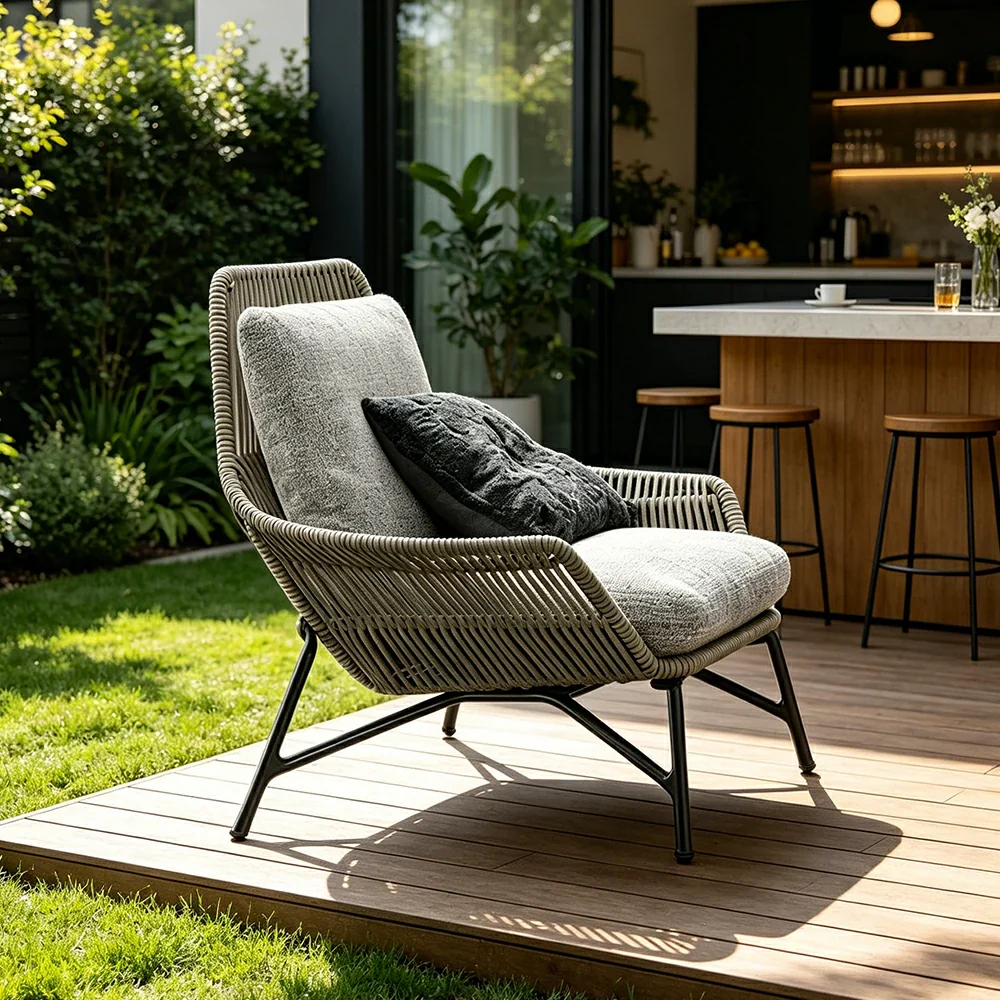 SOLARA Outdoor Rope Lounge Chair with Reinforced Aluminium Frame - 85cm Patio Balcony Garden Chair - Grey Black - Image 5