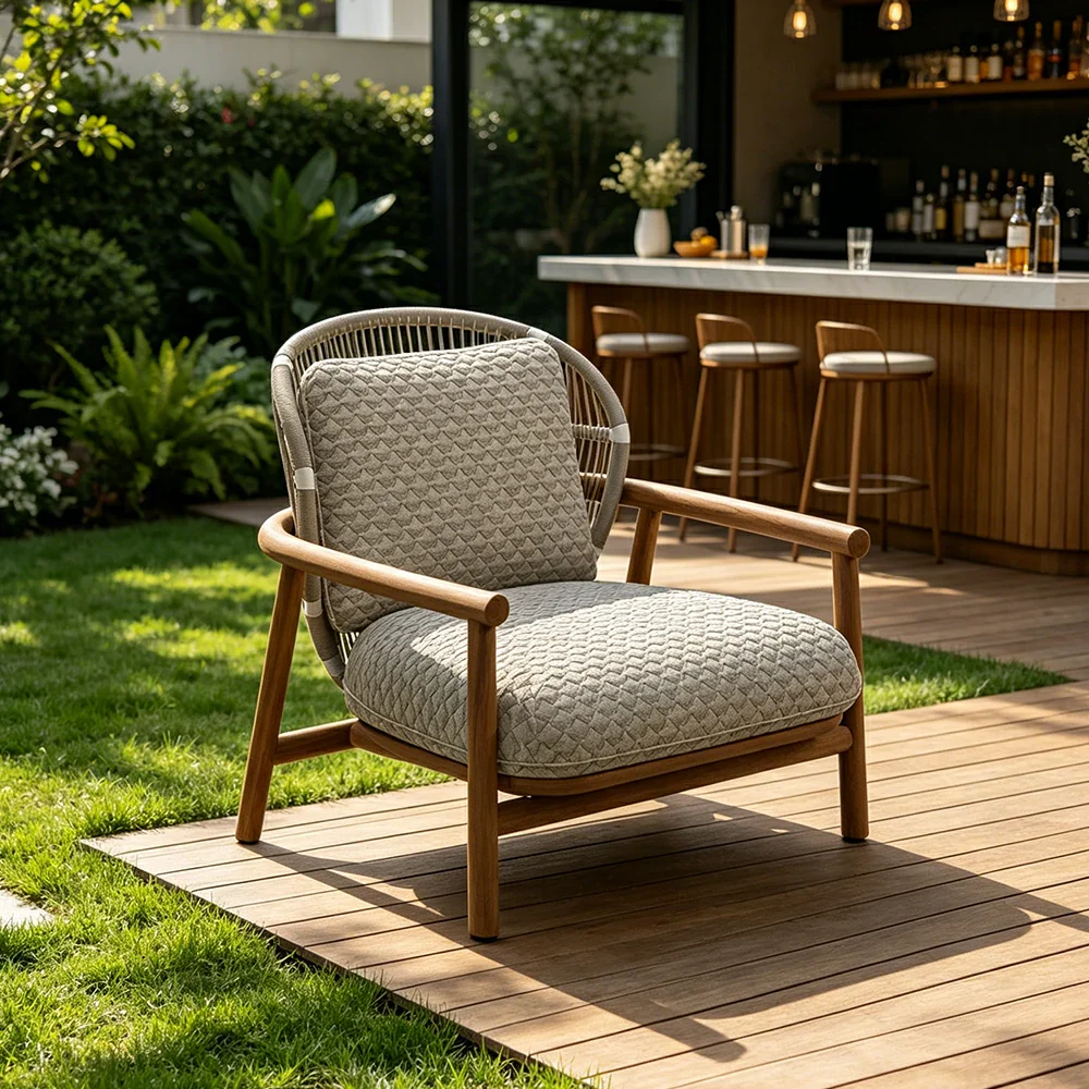 SOLARA Outdoor Lounge Chair with Wood Grain Aluminium Frame - 80cm Patio Balcony Garden Chair - Grey - Image 2