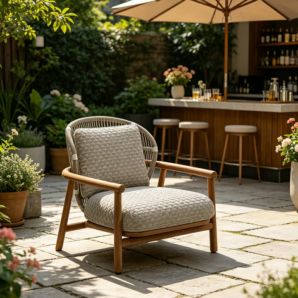 SOLARA Outdoor Lounge Chair with Wood Grain Aluminium Frame - 80cm Patio Balcony Garden Chair - Grey - Image 5