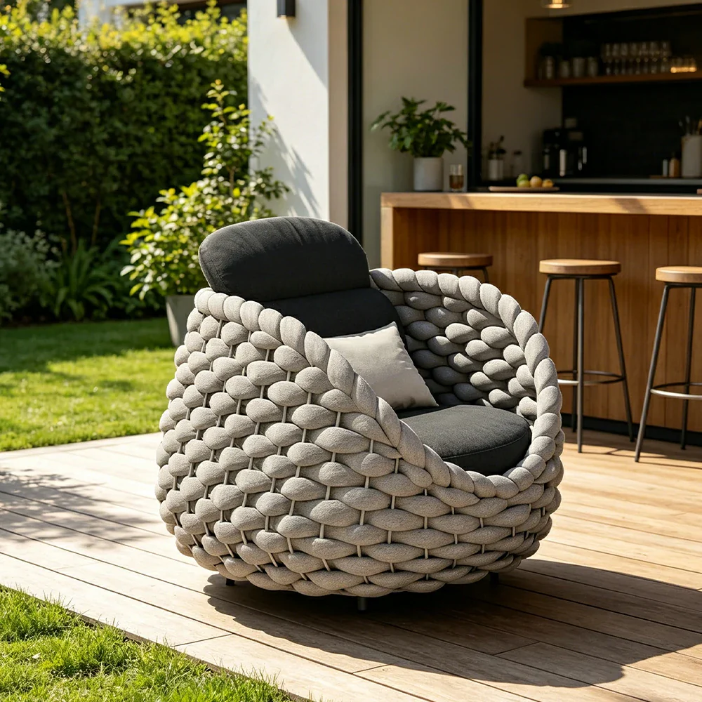 SOLARA Outdoor Woven Lounge Chair with Reinforced Aluminium Frame - 85cm Patio Balcony Garden Chair - Beige Black - Image 2