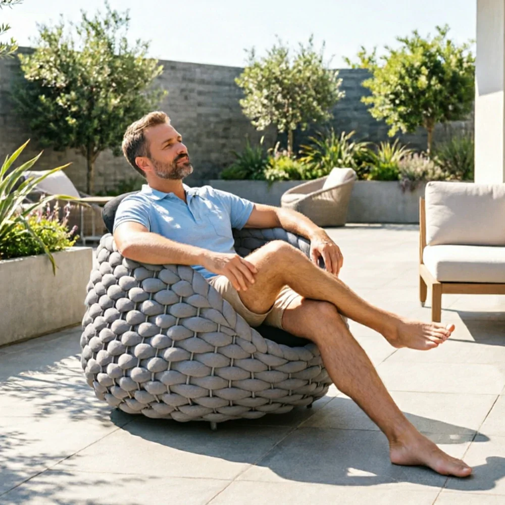 SOLARA Outdoor Woven Lounge Chair with Reinforced Aluminium Frame - 85cm Patio Balcony Garden Chair - Beige Black - Image 6