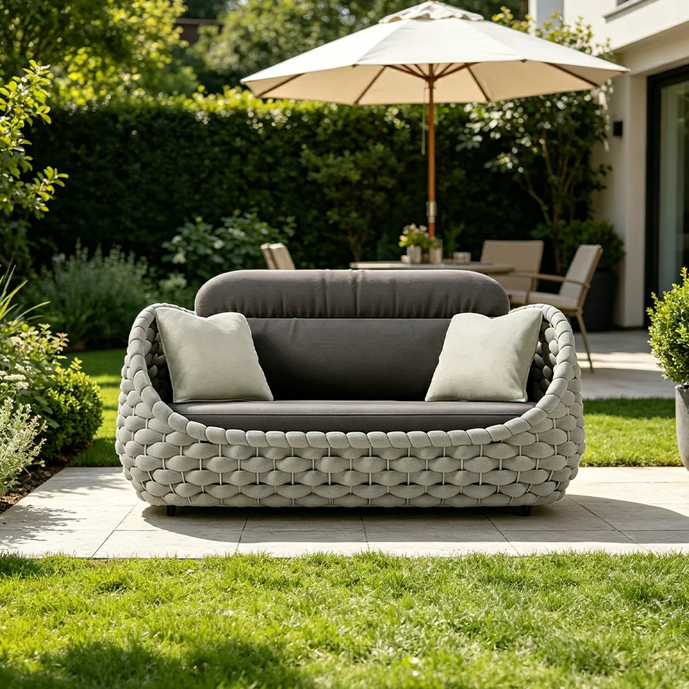 SOLARA Outdoor Two Seater Sofa with Senisa Fabric - 140cm Aluminium Frame Patio Garden Lounge Seat - Grey - Image 2