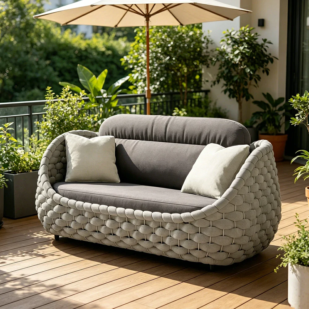 SOLARA Outdoor Two Seater Sofa with Senisa Fabric - 140cm Aluminium Frame Patio Garden Lounge Seat - Grey - Image 5