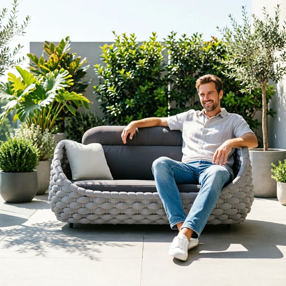 SOLARA Outdoor Two Seater Sofa with Senisa Fabric - 140cm Aluminium Frame Patio Garden Lounge Seat - Grey - Image 6