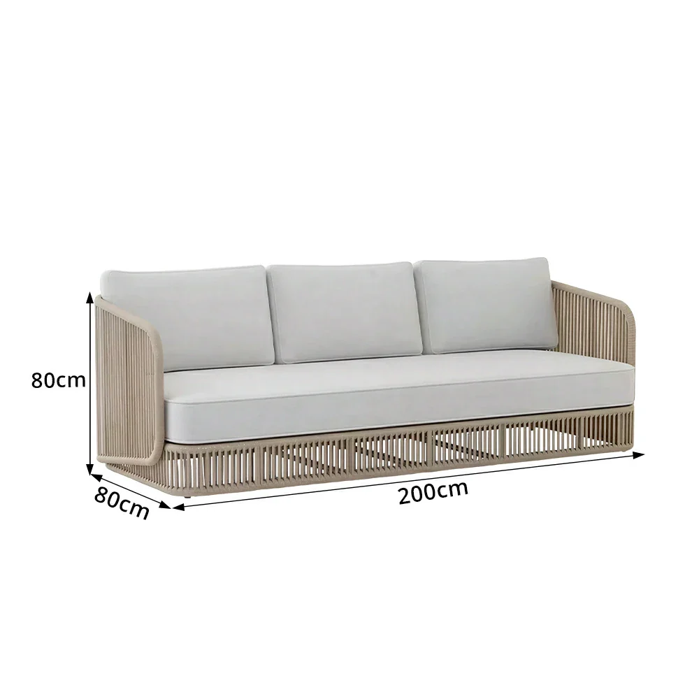 SOLARA Outdoor Three Seater Sofa with Rope Weaving - 200cm Aluminium Frame Patio Balcony Garden Lounge Seat - Beige - Image 7