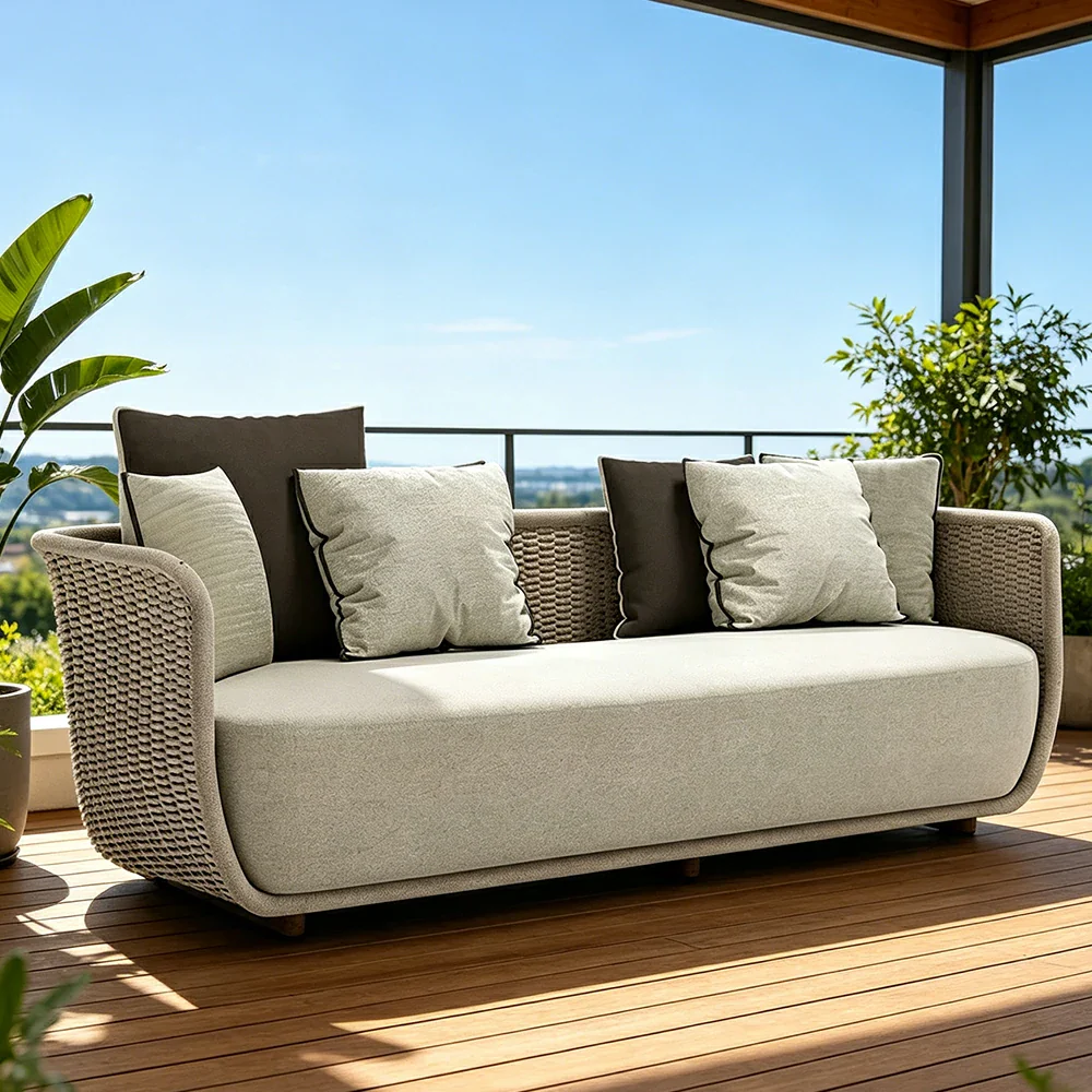 SOLARA Outdoor Three Seater Sofa with Woven Rattan Design - 190cm Patio Balcony Garden Lounge Seat - Natural - Image 4