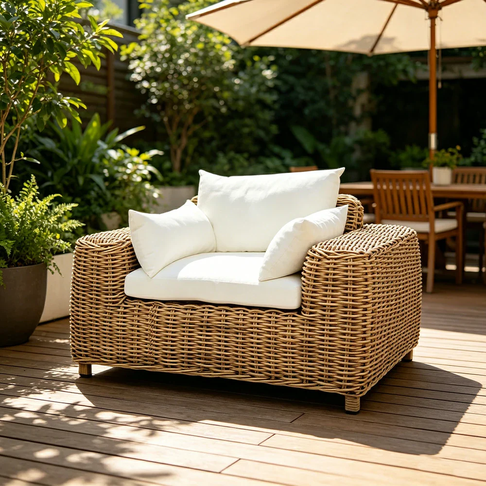 SOLARA Outdoor Single Sofa with PE Rattan Design - 100cm Patio Balcony Garden Lounge Chair - Natural White - Image 2