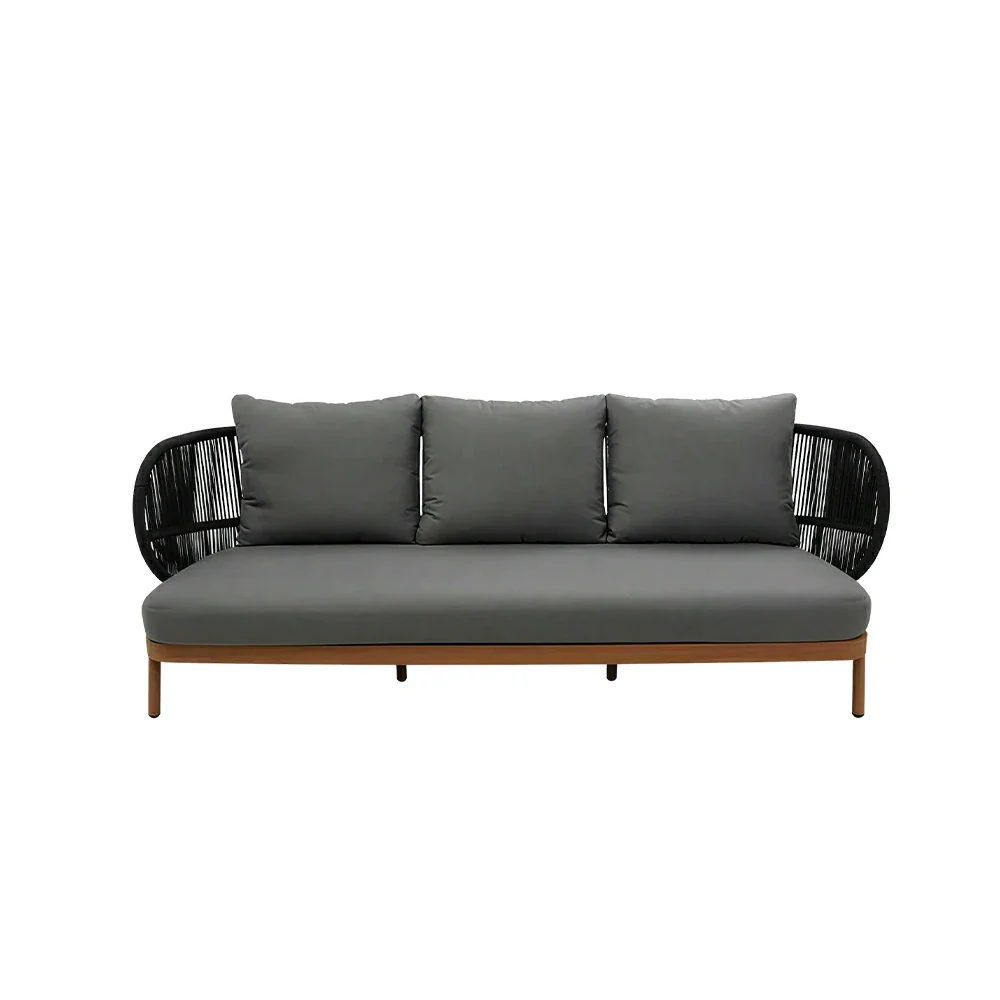 SOLARA Outdoor Three Seater Sofa with Olefin Rope Weaving - 235cm Teak Wood Detail Patio Garden Lounge Seat - Grey