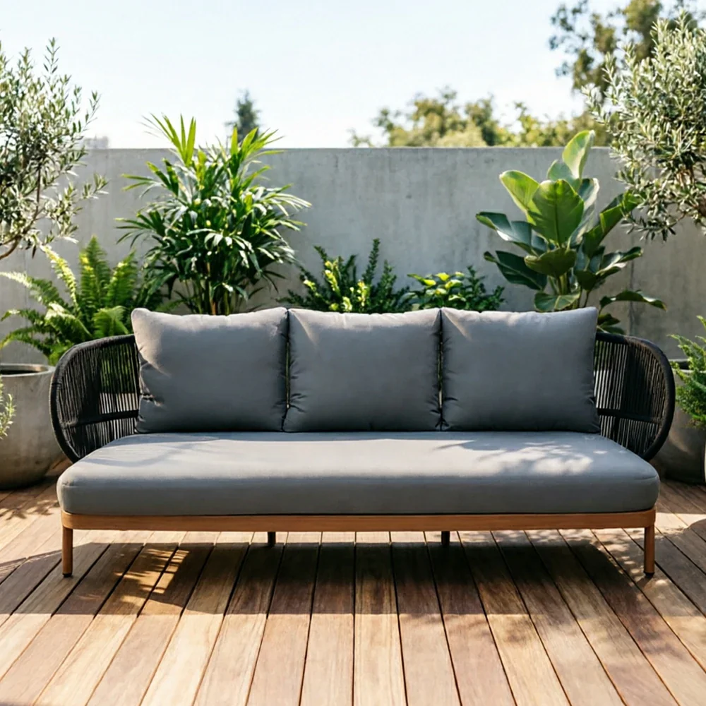 SOLARA Outdoor Three Seater Sofa with Olefin Rope Weaving - 235cm Teak Wood Detail Patio Garden Lounge Seat - Grey - Image 2