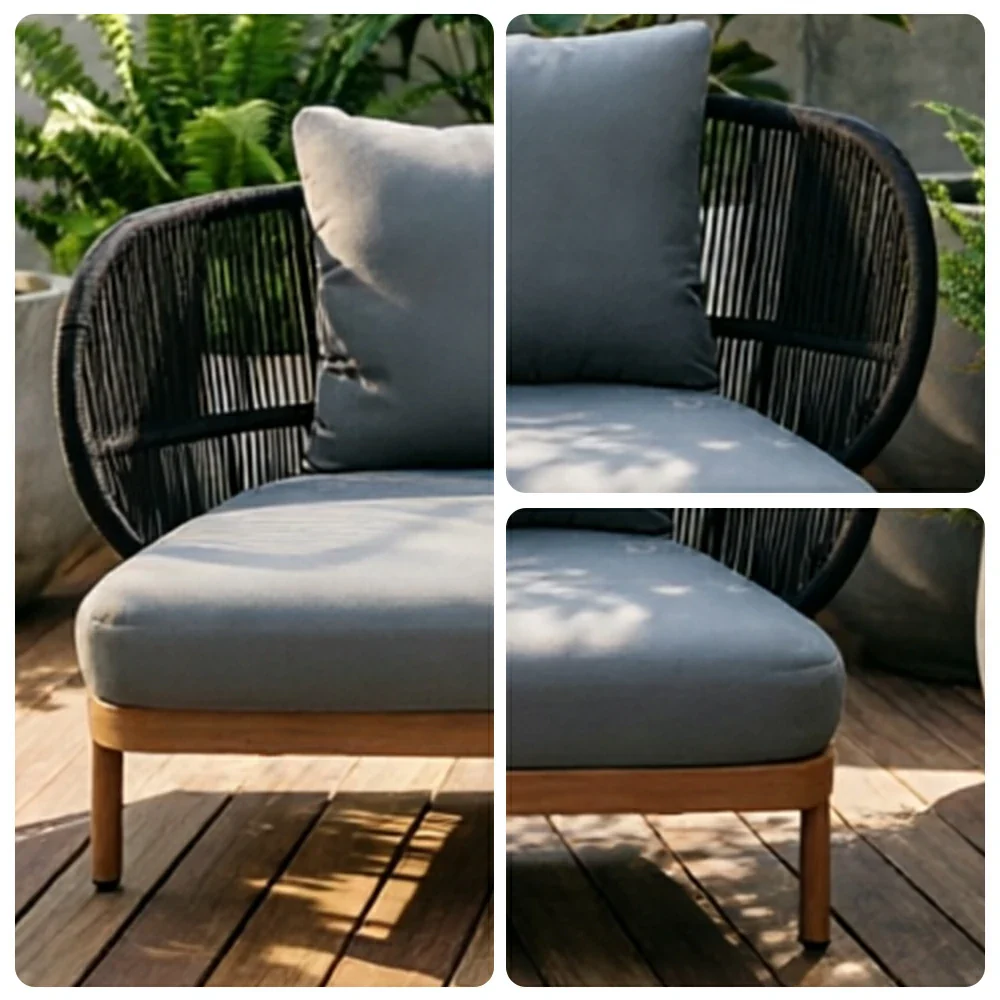 SOLARA Outdoor Three Seater Sofa with Olefin Rope Weaving - 235cm Teak Wood Detail Patio Garden Lounge Seat - Grey - Image 3