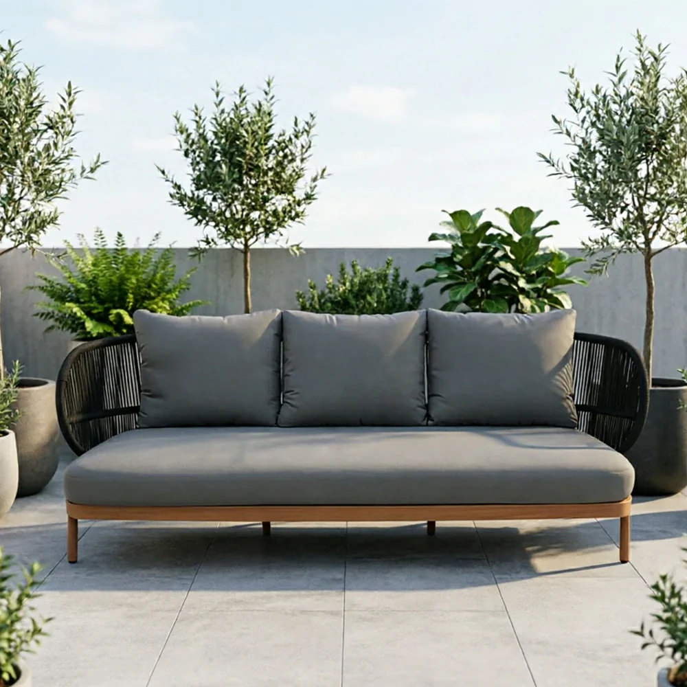 SOLARA Outdoor Three Seater Sofa with Olefin Rope Weaving - 235cm Teak Wood Detail Patio Garden Lounge Seat - Grey - Image 4