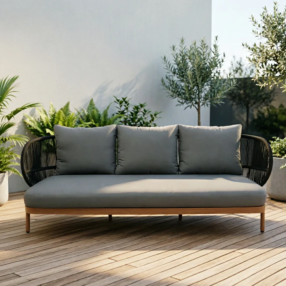 SOLARA Outdoor Three Seater Sofa with Olefin Rope Weaving - 235cm Teak Wood Detail Patio Garden Lounge Seat - Grey - Image 5
