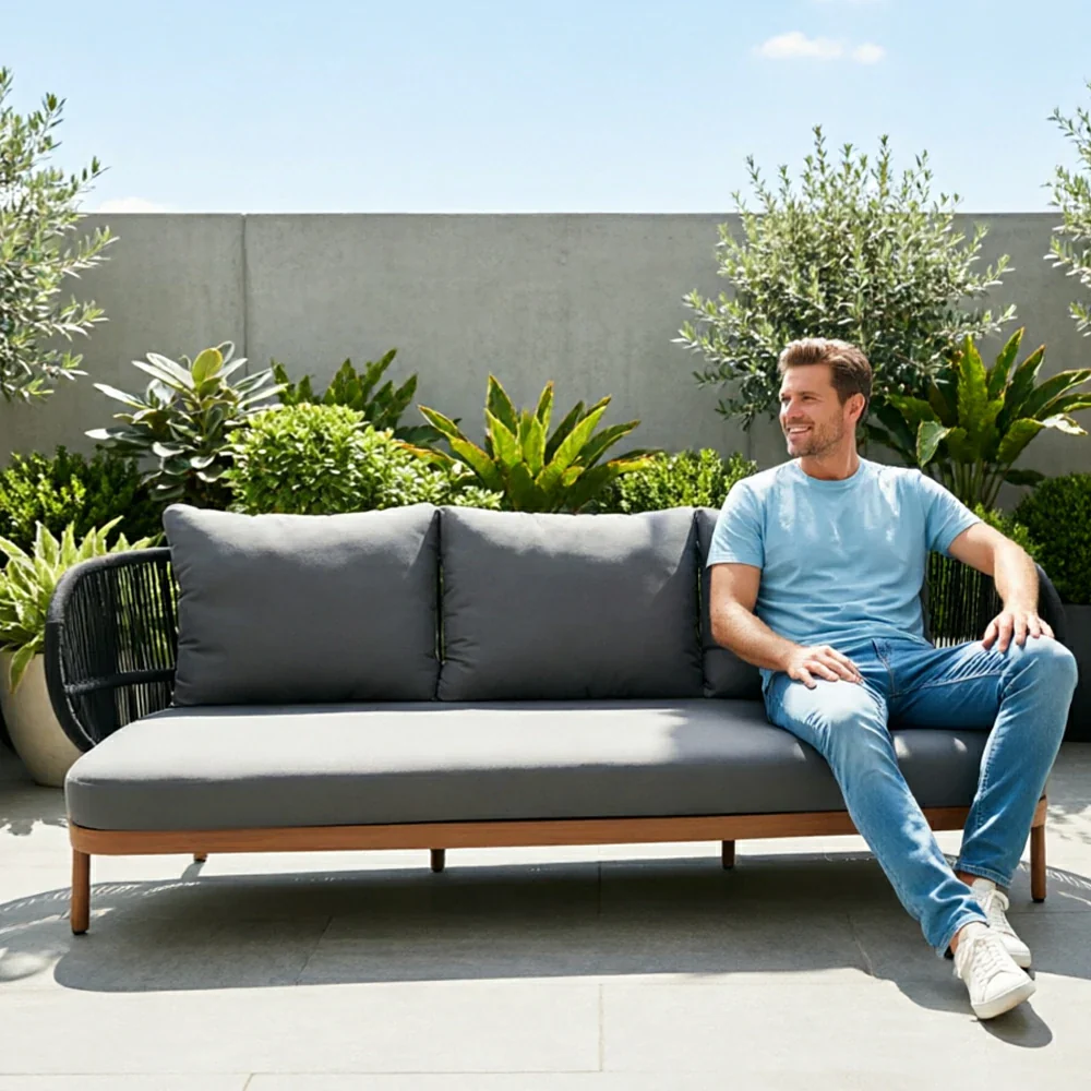 SOLARA Outdoor Three Seater Sofa with Olefin Rope Weaving - 235cm Teak Wood Detail Patio Garden Lounge Seat - Grey - Image 6