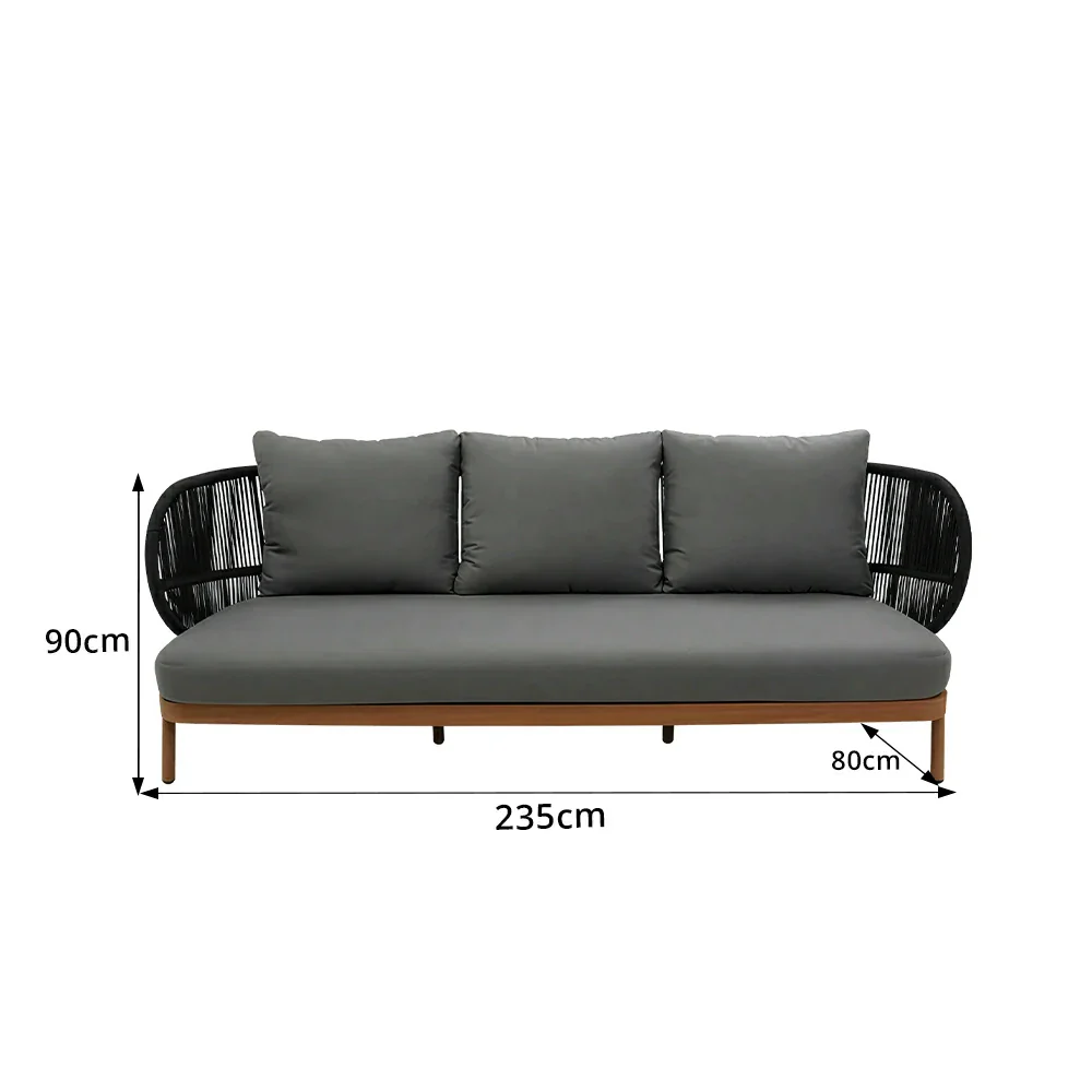 SOLARA Outdoor Three Seater Sofa with Olefin Rope Weaving - 235cm Teak Wood Detail Patio Garden Lounge Seat - Grey - Image 7