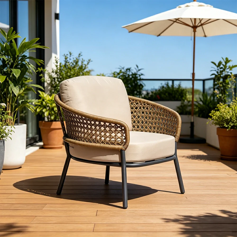 SOLARA Outdoor Single Sofa Chair with PE Woven Rattan for Patio Balcony Garden - Beige - Image 4