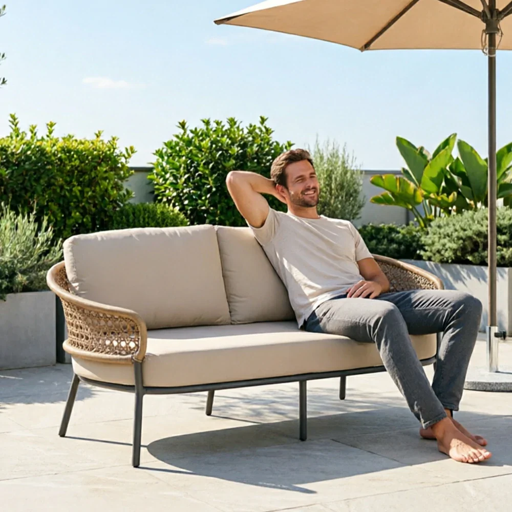 SOLARA Outdoor 2-Seater Sofa with PE Woven Rattan for Patio Balcony Garden - Beige - Image 6