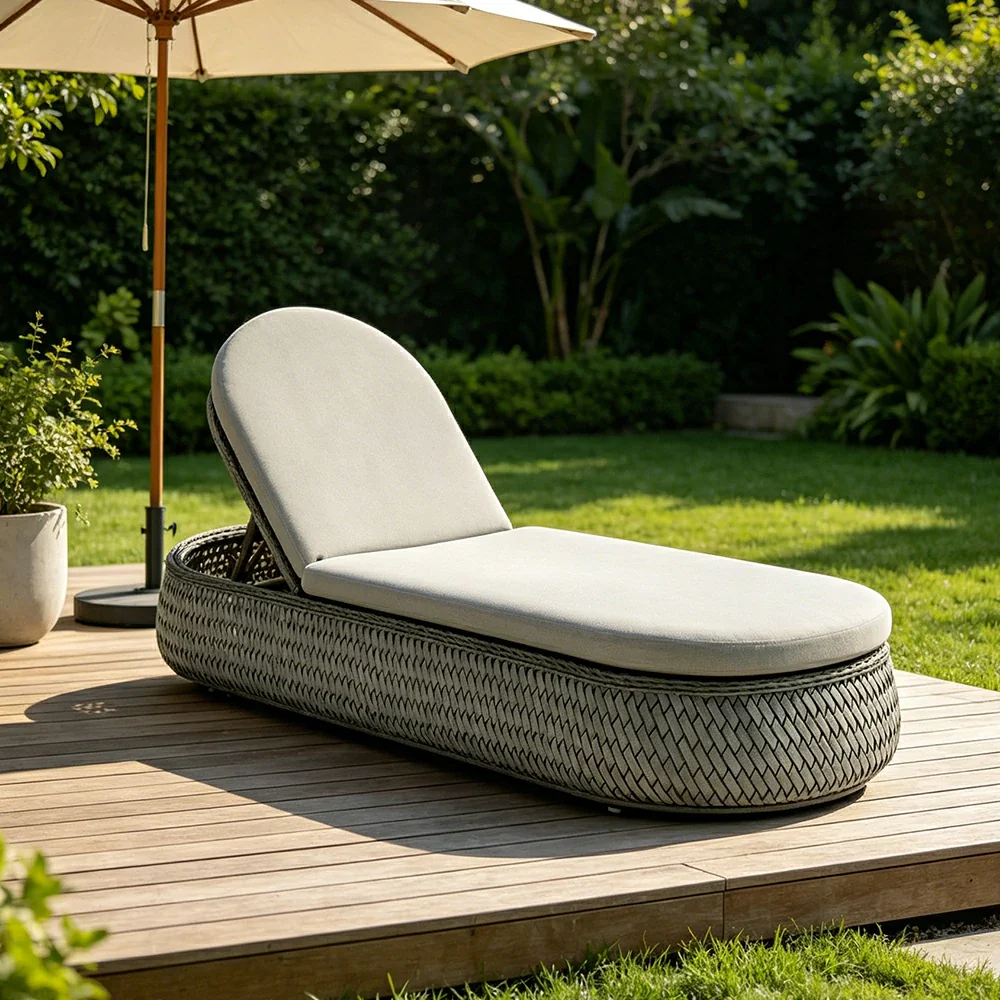 SOLARA Outdoor Woven Rattan Sun Lounger with Cushioned Seat for Patio Balcony Garden - Grey - Image 2