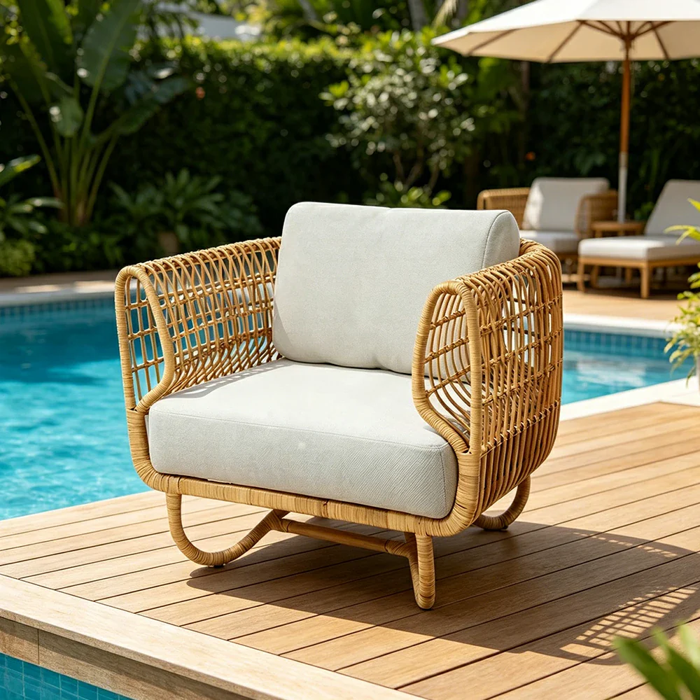 SOLARA Outdoor Single Sofa Chair with Imported PE Rattan for Patio Balcony Garden - Natural - Image 5