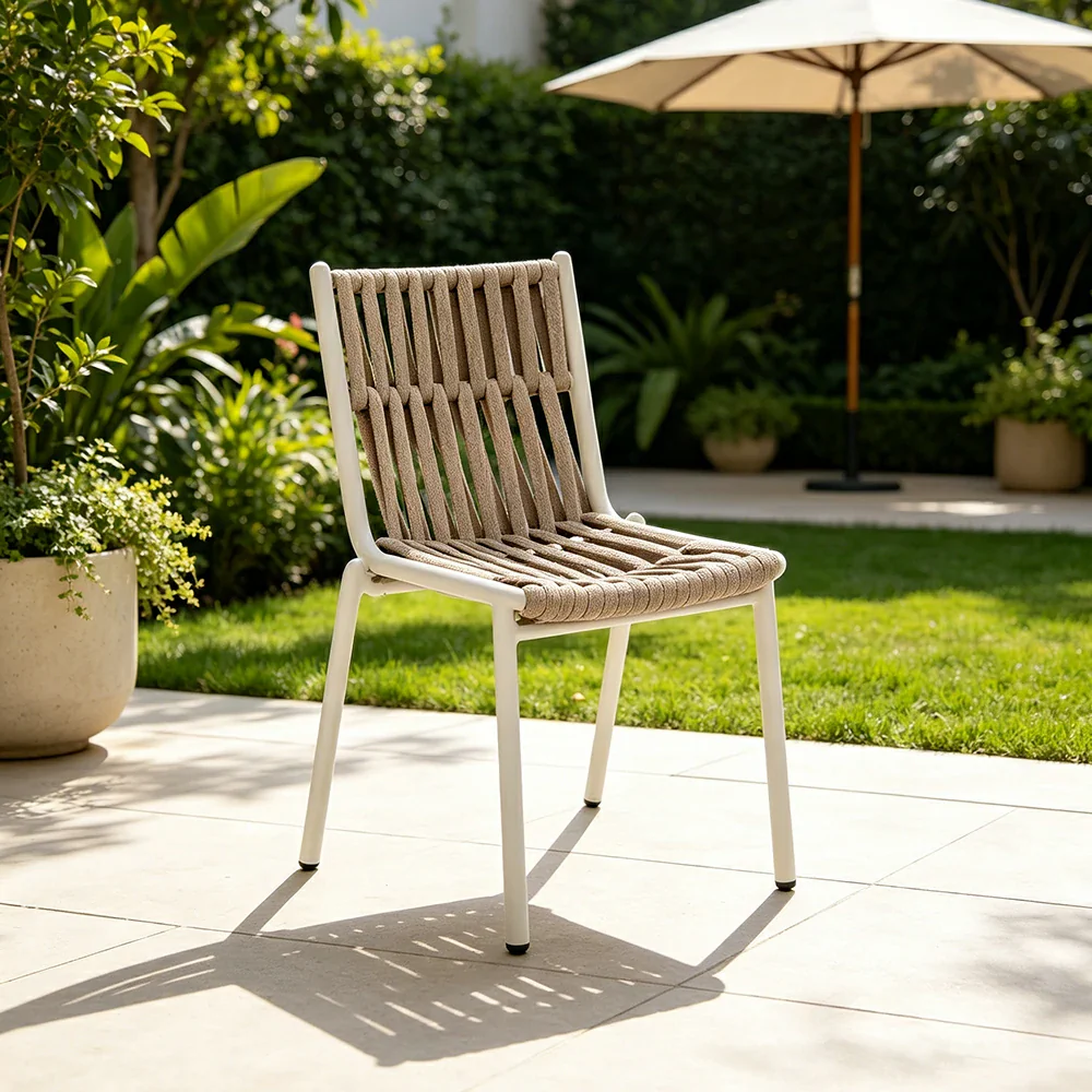 SOLARA Outdoor Armless Rope Dining Chair - Handwoven Seat, Aluminium Frame for Patio Garden - White - Image 2