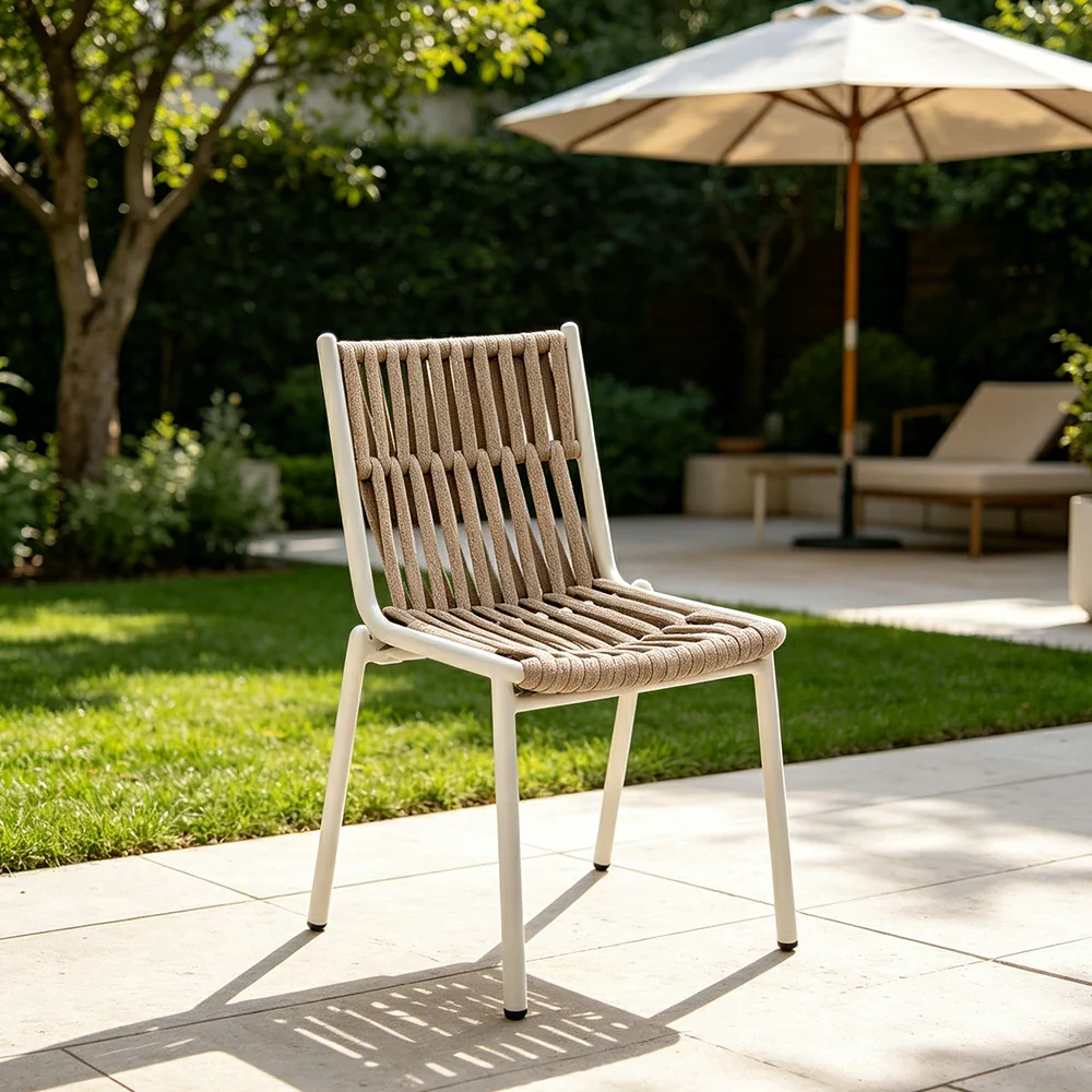 SOLARA Outdoor Armless Rope Dining Chair - Handwoven Seat, Aluminium Frame for Patio Garden - White - Image 4