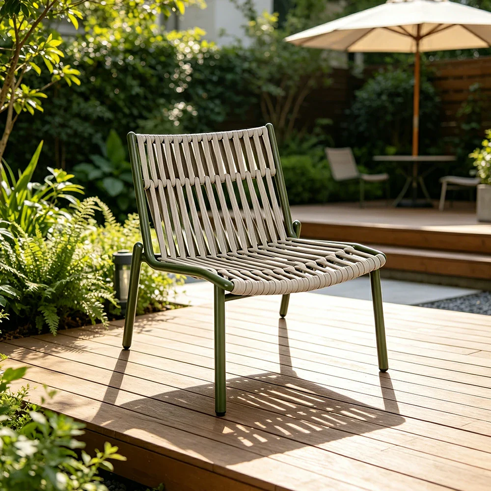 SOLARA Outdoor Low Back Armless Rope Chair - Handwoven Seat, Aluminium Frame for Patio Garden - Green - Image 2