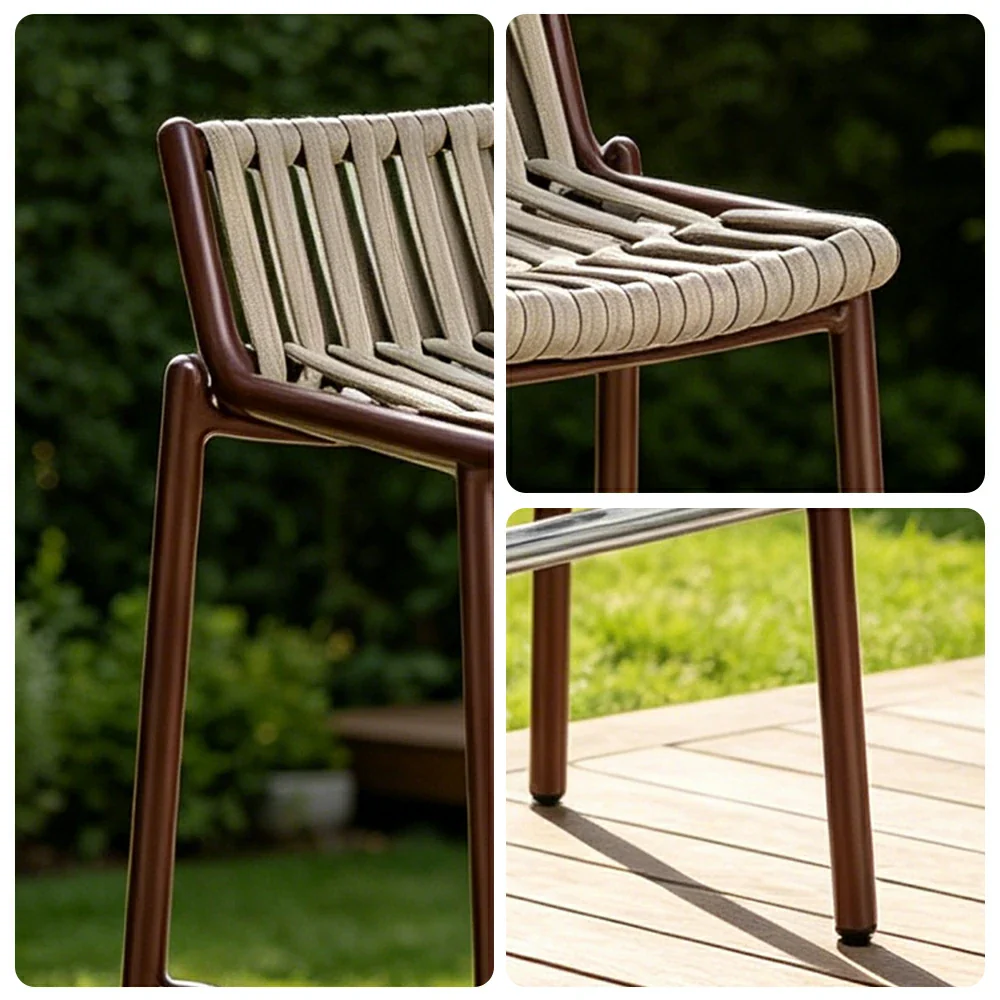 SOLARA Outdoor Rope Bar Chair - Handwoven Seat, Aluminium Frame with Footrest for Patio Garden - Brown - Image 3
