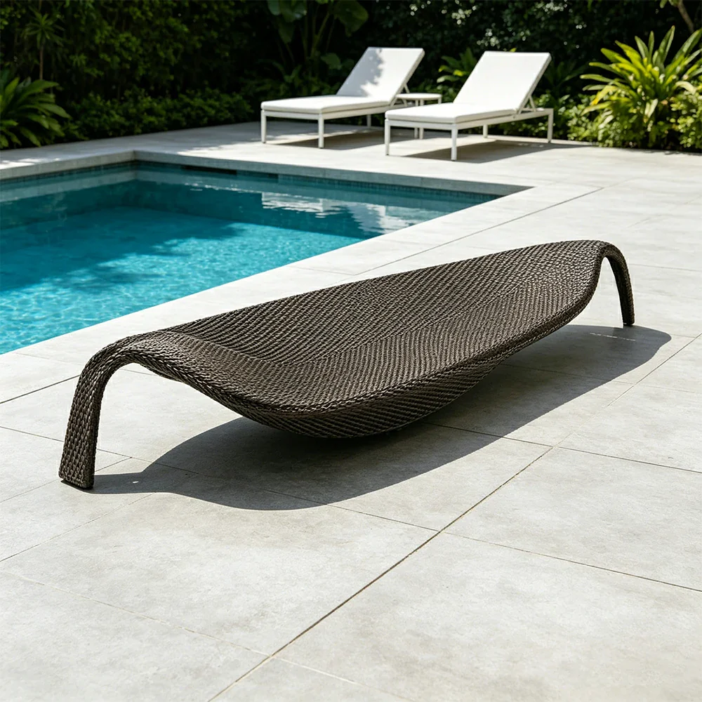 SOLARA Outdoor Rattan Sun Lounger - Leaf Shape, PE Wicker with Iron Frame for Poolside Patio - Brown - Image 4